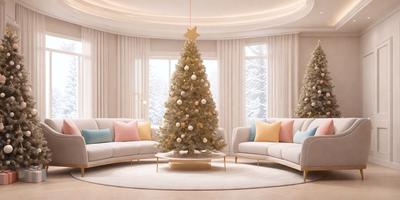 The primary subject of the image is a beautifully decorated Christmas tree, which is placed in the center of the room. The setting is a living room with a couch and a chair, creating a cozy and festive atmosphere. The visual style of the image is a photo, capturing the details of the tree and the furniture. The colors and mood of the scene are predominantly white, with the tree being the main focal point, and the couch and chair adding warmth and comfort to the room.